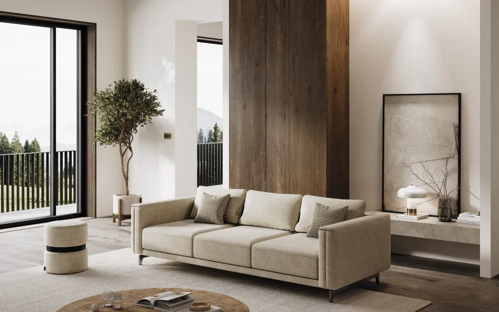 Sofá Echo de 3 Lugares em Bege Escuro com Almofadas Decorativas