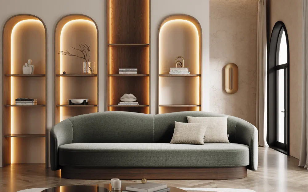 Sofá Flow de 3 Lugares em Verde com Rodapé em Madeira Escura Eucalipto