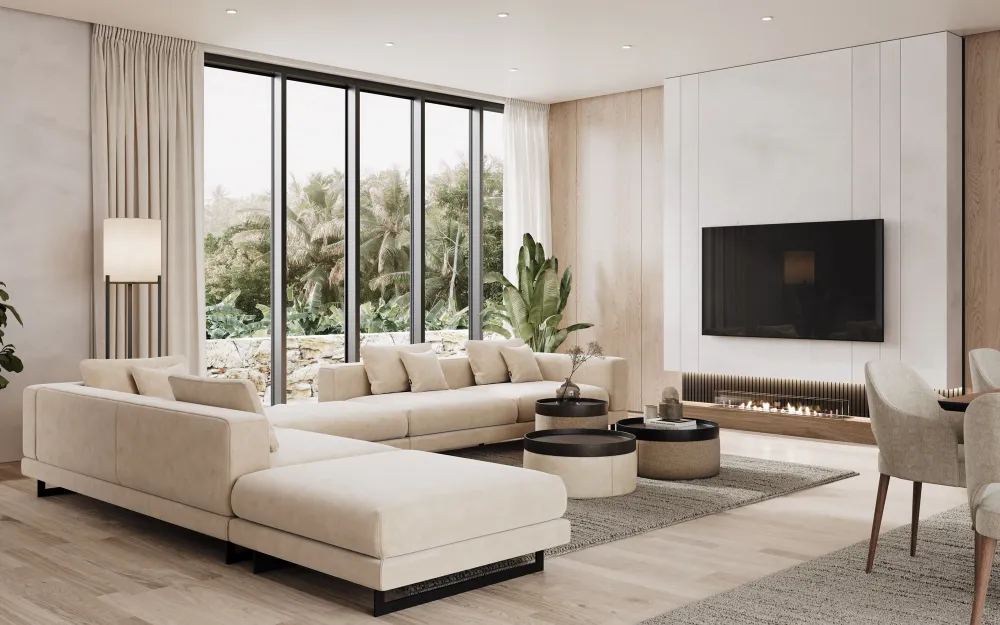 Sofá Modular Eclipe de Canto em Tecido Castanho Claro com Mesa de Apoio