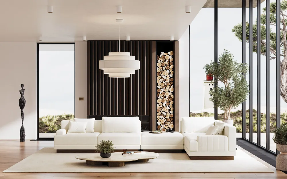 Sofá Modular Harmony em Branco com Rodapé em Madeira
