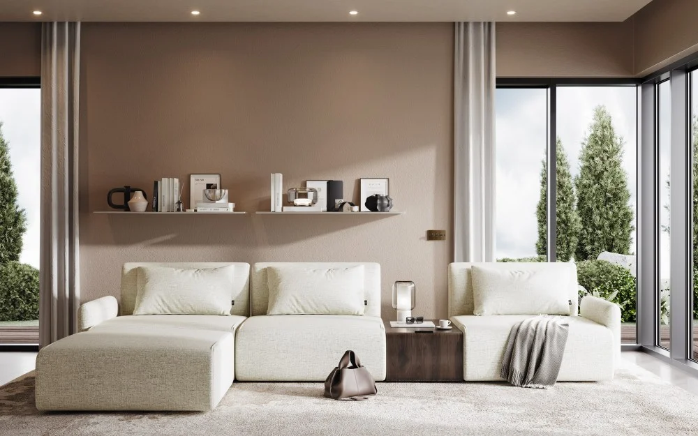 Sofá Modular Infinity em Verde Claro com Mesa de Apoio em Madeira Escura