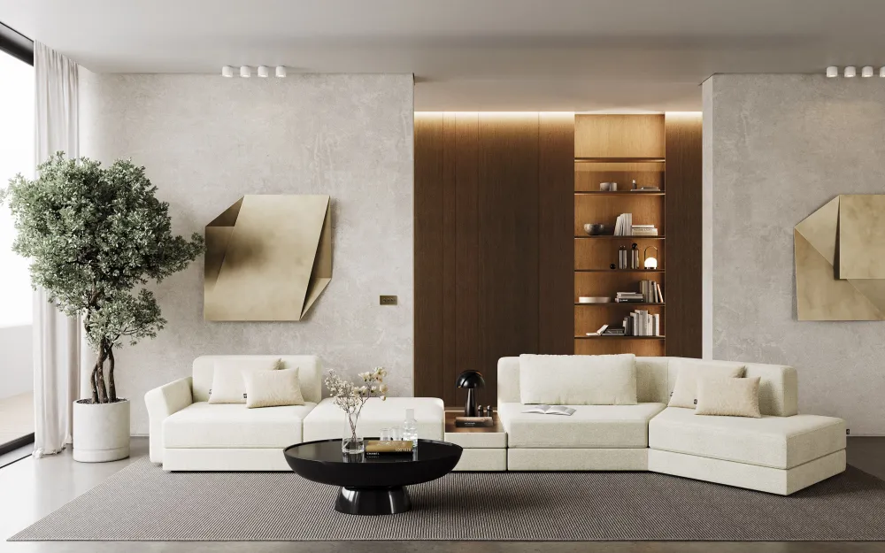 Sofá Modular Polaris em Tecido Bege com Mesa de Apoio